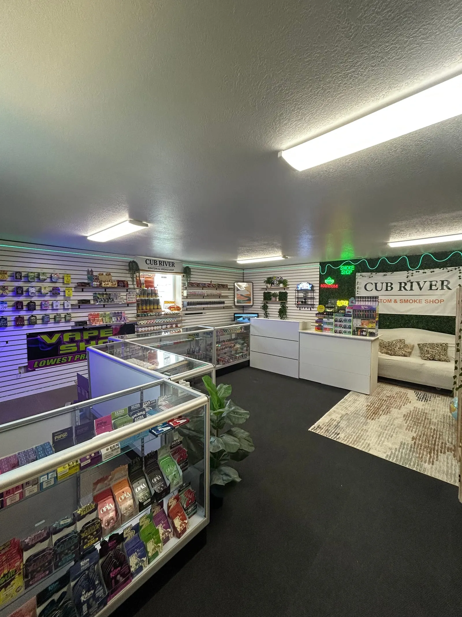 Glass display cases at Cub River holding nicotine pouches, 7-OH, and accessories