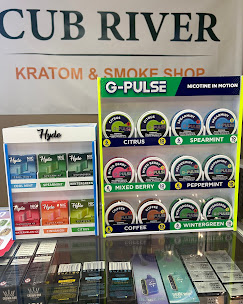 Display case with kratom and 7-OH products at Cub River Kratom & Vape Shop